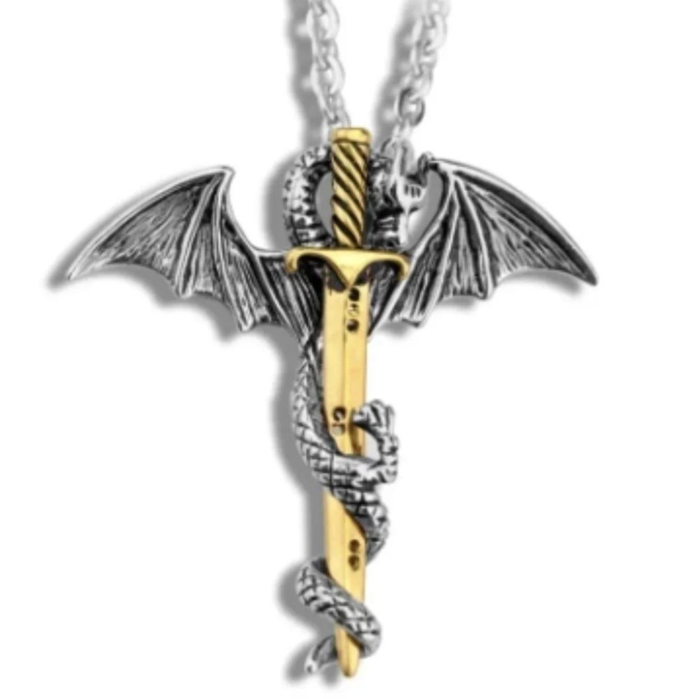 New 1pc European & American Wing Dragon Golden Sword Necklace, T5B4A